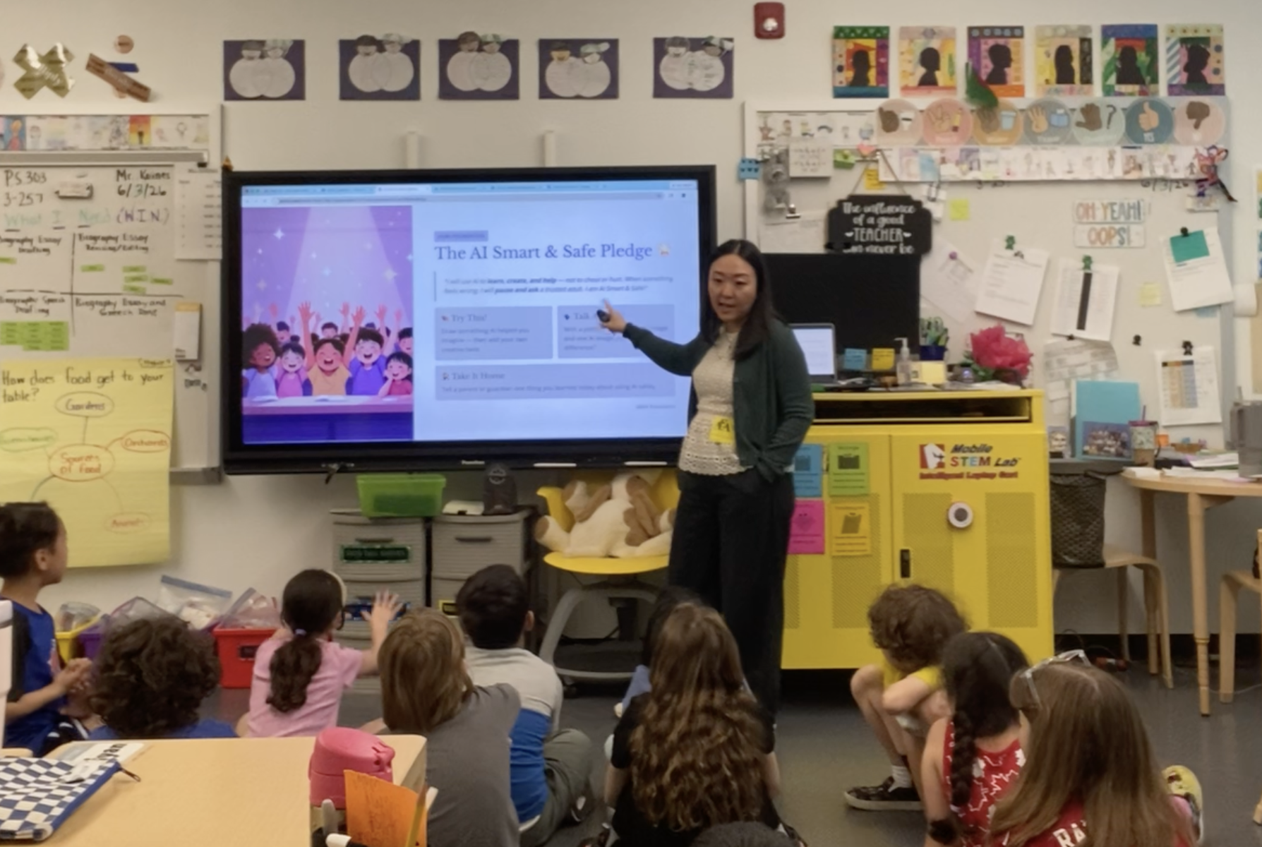 Young students engaged in a classroom conversation about AI